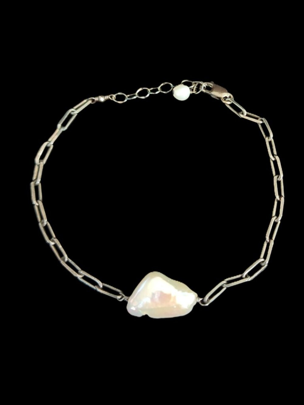 Vintage 2000 Oxidized Sterling Silver Paperclip Mabe Pearl Bracelet 925 7.5”